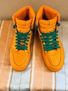 Jordan 1 Nike Bright Orange High-Top Sneakers with Green Laces